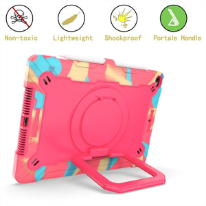For iPad 10.2 2021 / 2020 / 2019 Contrast Color Shockproof Robot Silicone + PC Case with Wristband Holder(Camouflage + Rose Red)