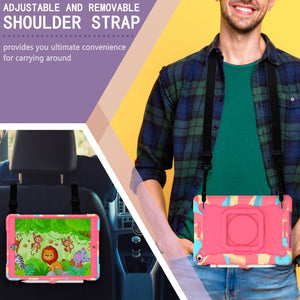 For iPad 10.2 2021 / 2020 / 2019 Contrast Color Shockproof Robot Silicone + PC Case with Wristband Holder(Camouflage + Rose Red)