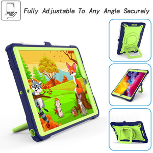 For iPad 10.2 2021 / 2020 / 2019 Contrast Color Shockproof Robot Silicone + PC Case with Wristband Holder(Navy Blue + Yellow-green)