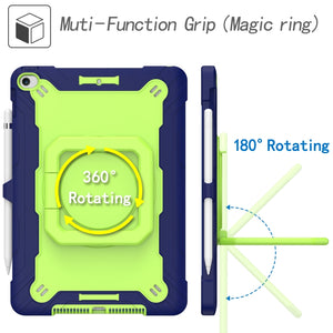 For iPad 10.2 2021 / 2020 / 2019 Contrast Color Shockproof Robot Silicone + PC Case with Wristband Holder(Navy Blue + Yellow-green)