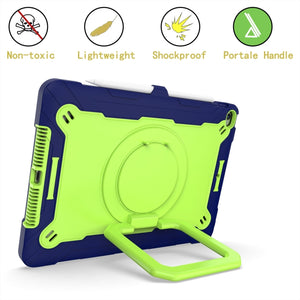 For iPad 10.2 2021 / 2020 / 2019 Contrast Color Shockproof Robot Silicone + PC Case with Wristband Holder(Navy Blue + Yellow-green)