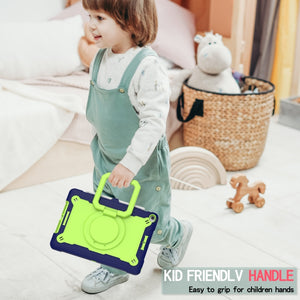 For iPad 10.2 2021 / 2020 / 2019 Contrast Color Shockproof Robot Silicone + PC Case with Wristband Holder(Navy Blue + Yellow-green)