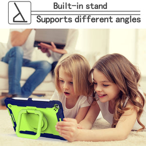 For iPad 10.2 2021 / 2020 / 2019 Contrast Color Shockproof Robot Silicone + PC Case with Wristband Holder(Navy Blue + Yellow-green)
