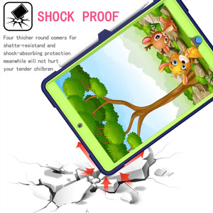 For iPad 10.2 2021 / 2020 / 2019 Contrast Color Shockproof Robot Silicone + PC Case with Wristband Holder(Navy Blue + Yellow-green)