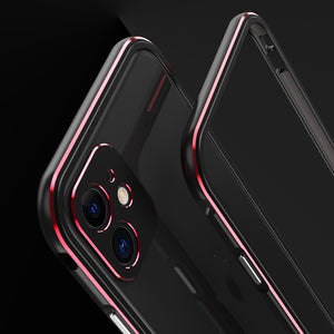 For iPhone 11 Pro Max Aurora Series Lens Protector + Metal Frame Protective Case (Black Red)