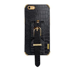 For iPhone SE 2022 / SE 2020 / 8 / 7 Electroplated TPU Crocodile Pattern Leather Case with Wrist Strap(Black)