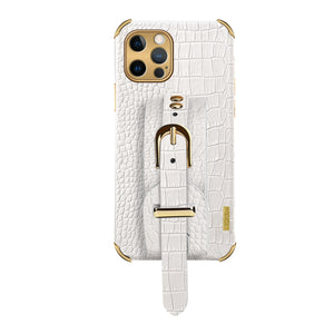 For iPhone 12 Pro Electroplated TPU Crocodile Pattern Leather Case with Wrist Strap(White)