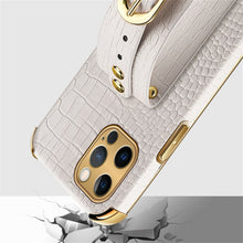 For iPhone 12 Pro Electroplated TPU Crocodile Pattern Leather Case with Wrist Strap(White)