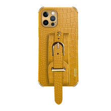 For iPhone 12 Pro Electroplated TPU Crocodile Pattern Leather Case with Wrist Strap(Yellow)