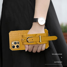 For iPhone 12 Pro Electroplated TPU Crocodile Pattern Leather Case with Wrist Strap(Yellow)