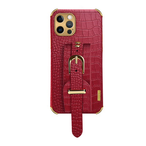 For iPhone 12 Pro Electroplated TPU Crocodile Pattern Leather Case with Wrist Strap(Red)