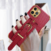 For iPhone 12 Pro Electroplated TPU Crocodile Pattern Leather Case with Wrist Strap(Red)