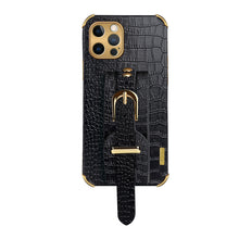 For iPhone 12 Pro Electroplated TPU Crocodile Pattern Leather Case with Wrist Strap(Black)