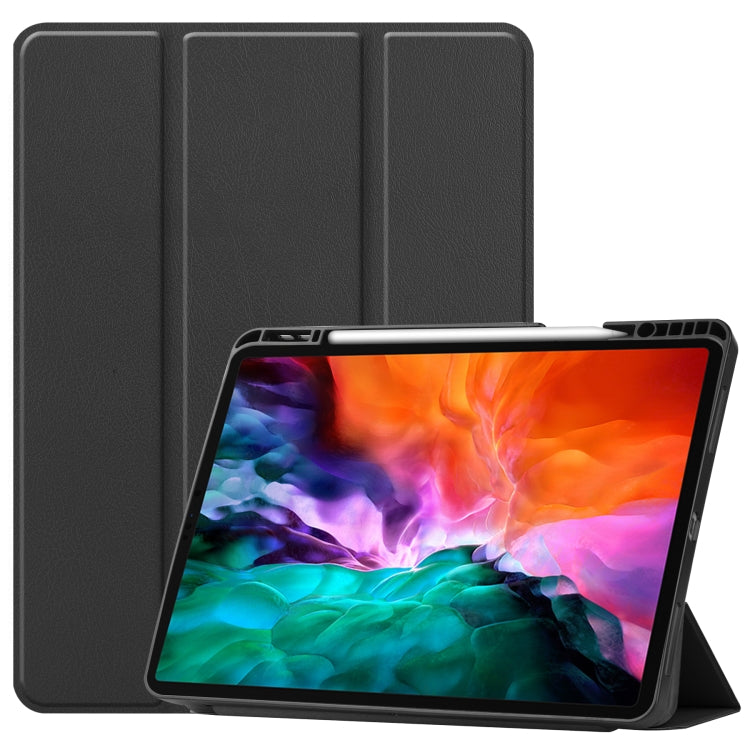 For iPad Pro 12.9 2022 / 2021 Horizontal Flip Honeycomb TPU + PU Leather Tablet Case with Three-folding Holder & Sleep / Wake-up Function & Pen Slot(Black)