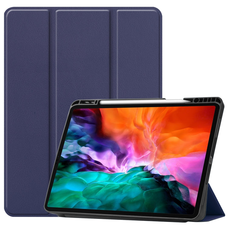 For iPad Pro 12.9 2022 / 2021 Horizontal Flip Honeycomb TPU + PU Leather Tablet Case with Three-folding Holder & Sleep / Wake-up Function & Pen Slot(Dark Blue)