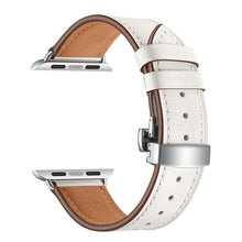 Genuine Leather + Butterfly Silver Buckle Watch Band For Apple Watch Series 7 45mm / 6 & SE & 5 & 4 44mm / 3 & 2 & 1 42mm(White)