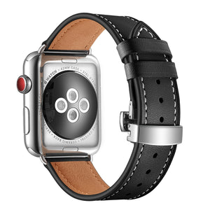 Genuine Leather + Butterfly Silver Buckle Watch Band For Apple Watch Series 7 45mm / 6 & SE & 5 & 4 44mm / 3 & 2 & 1 42mm(Black)