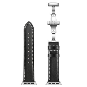 Genuine Leather + Butterfly Silver Buckle Watch Band For Apple Watch Series 7 45mm / 6 & SE & 5 & 4 44mm / 3 & 2 & 1 42mm(Black)