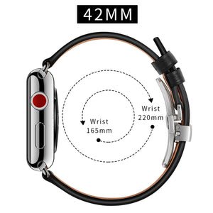 Genuine Leather + Butterfly Silver Buckle Watch Band For Apple Watch Series 7 45mm / 6 & SE & 5 & 4 44mm / 3 & 2 & 1 42mm(Black)