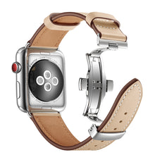 Genuine Leather + Butterfly Silver Buckle Watch Band For Apple Watch Series 7 45mm / 6 & SE & 5 & 4 44mm / 3 & 2 & 1 42mm(Apricot)