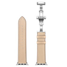 Genuine Leather + Butterfly Silver Buckle Watch Band For Apple Watch Series 7 45mm / 6 & SE & 5 & 4 44mm / 3 & 2 & 1 42mm(Apricot)