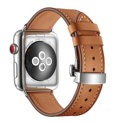 Genuine Leather + Butterfly Silver Buckle Watch Band For Apple Watch Series 7 45mm / 6 & SE & 5 & 4 44mm / 3 & 2 & 1 42mm(Brown)