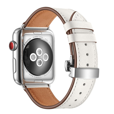 Genuine Leather + Butterfly Silver Buckle Watch Band For Apple Watch Series 7 41mm / 6 & SE & 5 & 4 40mm / 3 & 2 & 1 38mm(White)