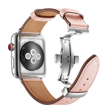 Genuine Leather + Butterfly Silver Buckle Watch Band For Apple Watch Series 7 41mm / 6 & SE & 5 & 4 40mm / 3 & 2 & 1 38mm(Pink)