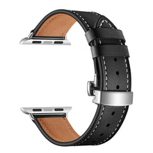 Genuine Leather + Butterfly Silver Buckle Watch Band For Apple Watch Series 7 41mm / 6 & SE & 5 & 4 40mm / 3 & 2 & 1 38mm(Black)