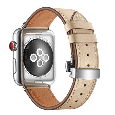 Genuine Leather + Butterfly Silver Buckle Watch Band For Apple Watch Series 7 41mm / 6 & SE & 5 & 4 40mm / 3 & 2 & 1 38mm(Apricot)
