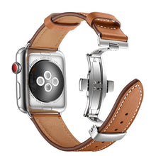 Genuine Leather + Butterfly Silver Buckle Watch Band For Apple Watch Series 7 41mm / 6 & SE & 5 & 4 40mm / 3 & 2 & 1 38mm(Brown)