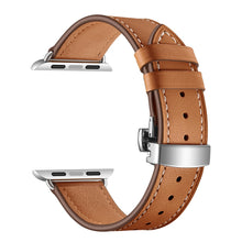 Genuine Leather + Butterfly Silver Buckle Watch Band For Apple Watch Series 7 41mm / 6 & SE & 5 & 4 40mm / 3 & 2 & 1 38mm(Brown)