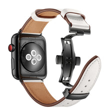 Genuine Leather + Butterfly Black Buckle Watch Band For Apple Watch Series 7 45mm / 6 & SE & 5 & 4 44mm / 3 & 2 & 1 42mm(White)