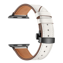 Genuine Leather + Butterfly Black Buckle Watch Band For Apple Watch Series 7 45mm / 6 & SE & 5 & 4 44mm / 3 & 2 & 1 42mm(White)