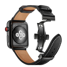 Genuine Leather + Butterfly Black Buckle Watch Band For Apple Watch Series 7 45mm / 6 & SE & 5 & 4 44mm / 3 & 2 & 1 42mm(Black)