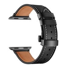 Genuine Leather + Butterfly Black Buckle Watch Band For Apple Watch Series 7 45mm / 6 & SE & 5 & 4 44mm / 3 & 2 & 1 42mm(Black)