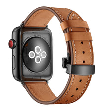 Genuine Leather + Butterfly Black Buckle Watch Band For Apple Watch Series 7 45mm / 6 & SE & 5 & 4 44mm / 3 & 2 & 1 42mm(Brown)