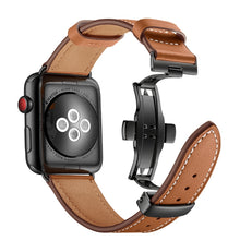 Genuine Leather + Butterfly Black Buckle Watch Band For Apple Watch Series 7 45mm / 6 & SE & 5 & 4 44mm / 3 & 2 & 1 42mm(Brown)