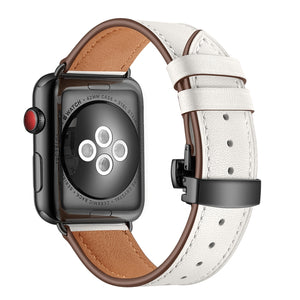 Genuine Leather + Butterfly Black Buckle Watch Band For Apple Watch Series 8&7 41mm / SE 2&6&SE&5&4 40mm / 3&2&1 38mm(White)