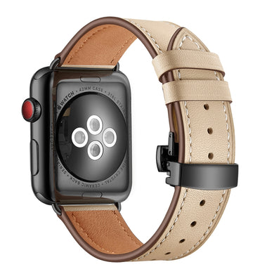 Genuine Leather + Butterfly Black Buckle Watch Band For Apple Watch Series 8&7 41mm / SE 2&6&SE&5&4 40mm / 3&2&1 38mm(Apricot)