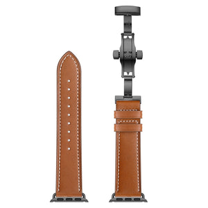 Genuine Leather + Butterfly Black Buckle Watch Band For Apple Watch Series 7 41mm / 6 & SE & 5 & 4 40mm / 3 & 2 & 1 38mm(Brown)