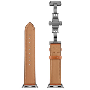 Genuine Leather + Butterfly Black Buckle Watch Band For Apple Watch Series 7 41mm / 6 & SE & 5 & 4 40mm / 3 & 2 & 1 38mm(Brown)