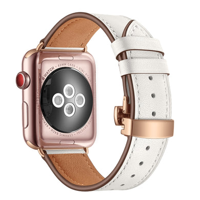 Genuine Leather + Butterfly Rose Gold Buckle Watch Band For Apple Watch Ultra 49mm / Series 8&7 45mm / SE 2&6&SE&5&4 44mm / 3&2&1 42mm(White)