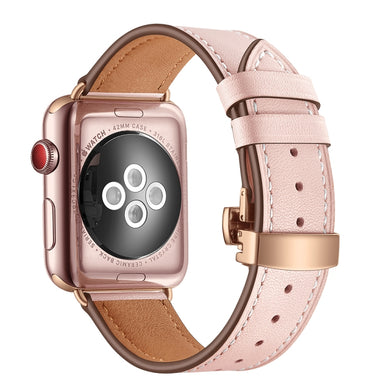 Genuine Leather + Butterfly Rose Gold Buckle Watch Band For Apple Watch Ultra 49mm / Series 8&7 45mm / SE 2&6&SE&5&4 44mm / 3&2&1 42mm(Pink)