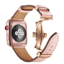 Genuine Leather + Butterfly Rose Gold Buckle Watch Band For Apple Watch Ultra 49mm / Series 8&7 45mm / SE 2&6&SE&5&4 44mm / 3&2&1 42mm(Pink)