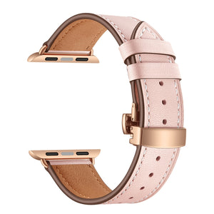 Genuine Leather + Butterfly Rose Gold Buckle Watch Band For Apple Watch Ultra 49mm / Series 8&7 45mm / SE 2&6&SE&5&4 44mm / 3&2&1 42mm(Pink)