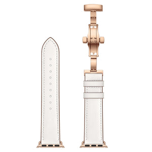 Genuine Leather + Butterfly Rose Gold Buckle Watch Band For Apple Watch Series 7 41mm / 6 & SE & 5 & 4 40mm / 3 & 2 & 1 38mm(White)