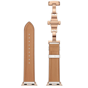 Genuine Leather + Butterfly Rose Gold Buckle Watch Band For Apple Watch Series 7 41mm / 6 & SE & 5 & 4 40mm / 3 & 2 & 1 38mm(White)