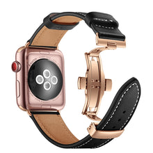Genuine Leather + Butterfly Rose Gold Buckle Watch Band For Apple Watch Series 7 41mm / 6 & SE & 5 & 4 40mm / 3 & 2 & 1 38mm(Black)