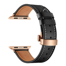 Genuine Leather + Butterfly Rose Gold Buckle Watch Band For Apple Watch Series 7 41mm / 6 & SE & 5 & 4 40mm / 3 & 2 & 1 38mm(Black)